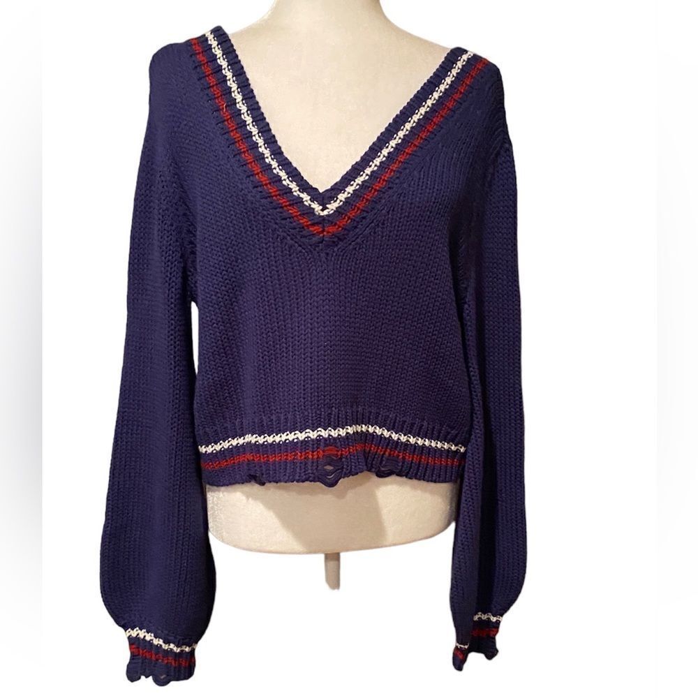 Lovers + Friends Navy Cropped Sweater Size Large V Neck
